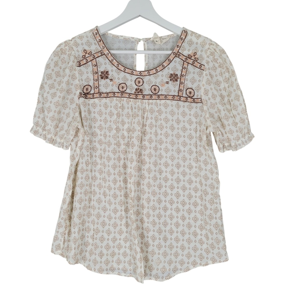 Flower & Feather Blouse Women Large White Medallion Embroidered Puff Sleeve Boho